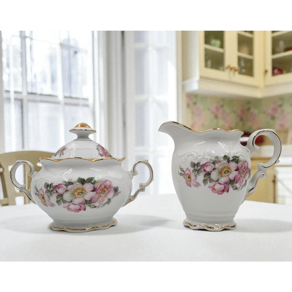 Schumann Arzberg Briar Rose Creamer & Sugar Set Bavaria Germany Gold Trim 1950s